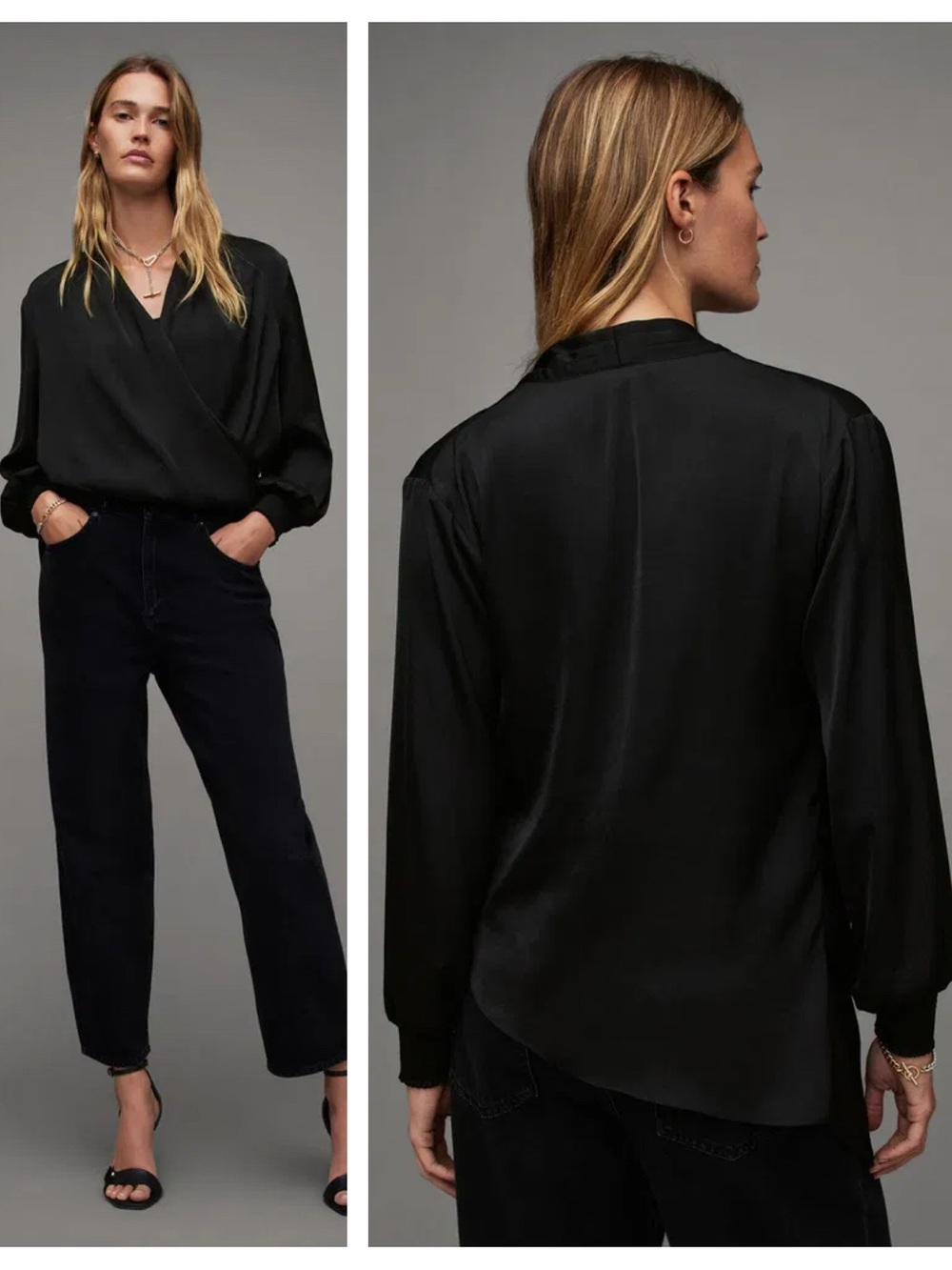 All Saints Abi Long Sleeve Draped Wrap Top Black Silk Asymmetrical Blouse Size 8